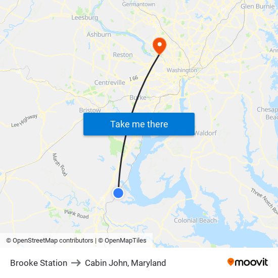 Brooke Station to Cabin John, Maryland map