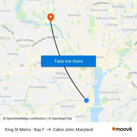 King St Metro - Bay F to Cabin John, Maryland map