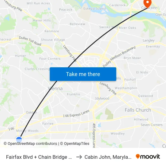 Fairfax Blvd + Chain Bridge Rd to Cabin John, Maryland map