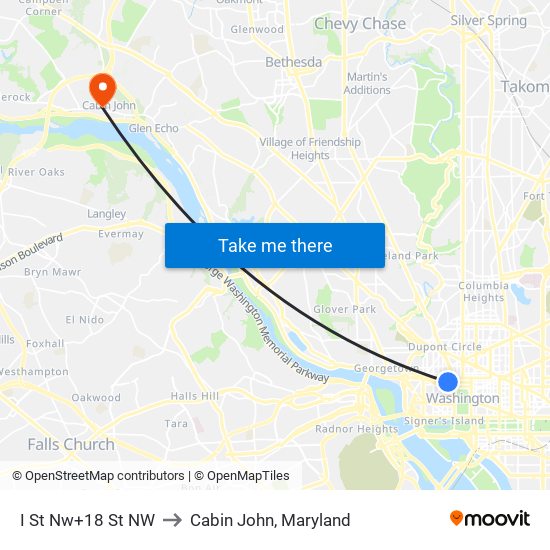 I St Nw+18 St NW to Cabin John, Maryland map