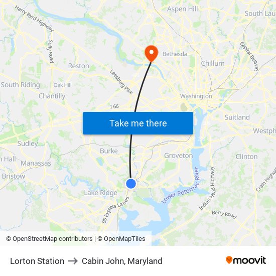 Lorton Station to Cabin John, Maryland map