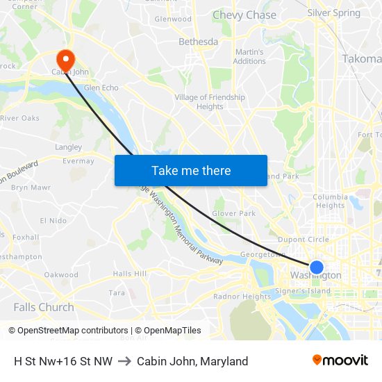 H St Nw+16 St NW to Cabin John, Maryland map