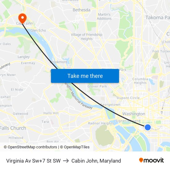 Virginia Av Sw+7 St SW to Cabin John, Maryland map