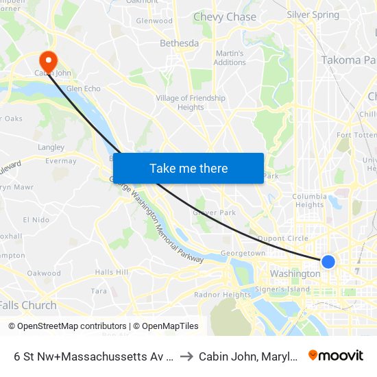 6 St Nw+Massachussetts Av NW to Cabin John, Maryland map