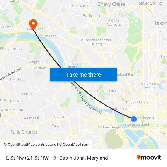 E St Nw+21 St NW to Cabin John, Maryland map