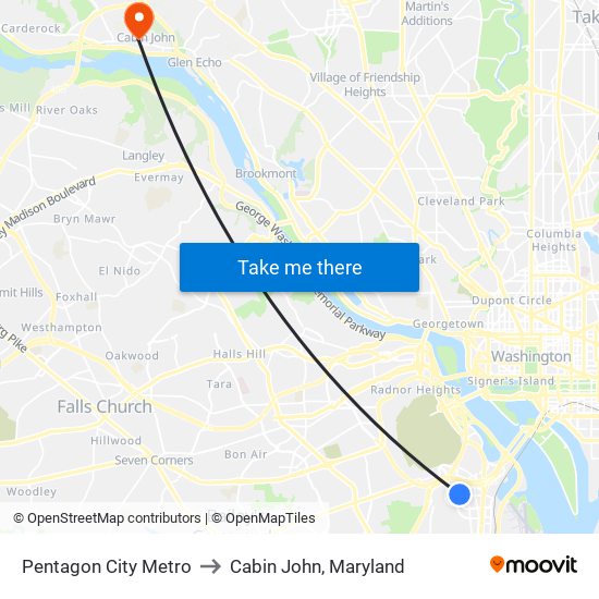 Pentagon City Metro to Cabin John, Maryland map