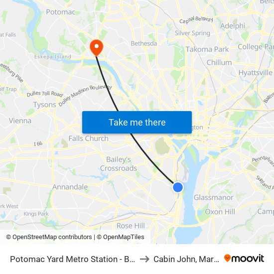 Potomac Yard Metro Station - Bus Bay A to Cabin John, Maryland map