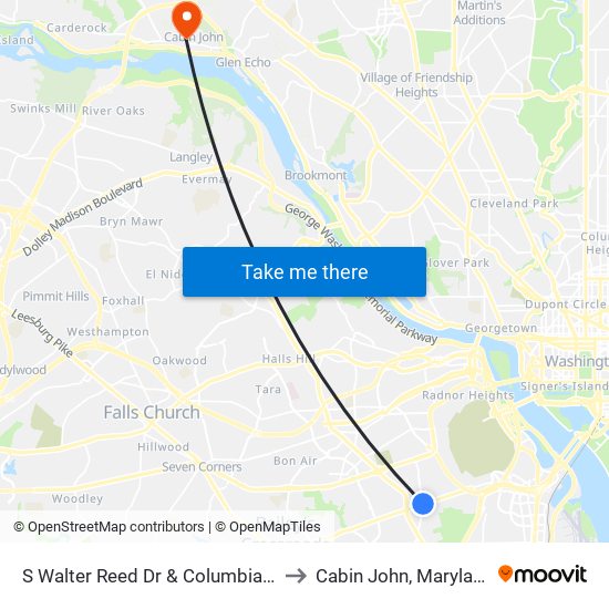 S Walter Reed Dr & Columbia Pi to Cabin John, Maryland map