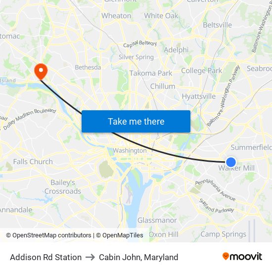 Addison Rd Station to Cabin John, Maryland map