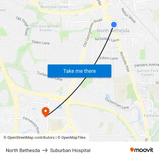 North Bethesda to Suburban Hospital map