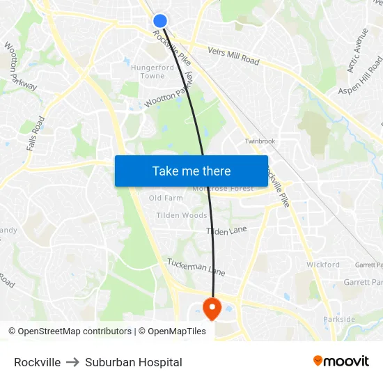 Rockville to Suburban Hospital map