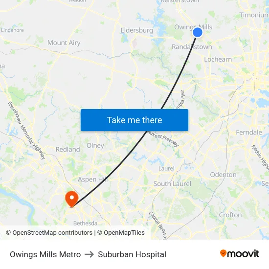 Owings Mills Metro to Suburban Hospital map