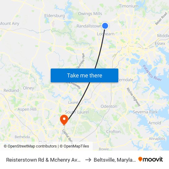 Reisterstown Rd & Mchenry Ave Sb to Beltsville, Maryland map