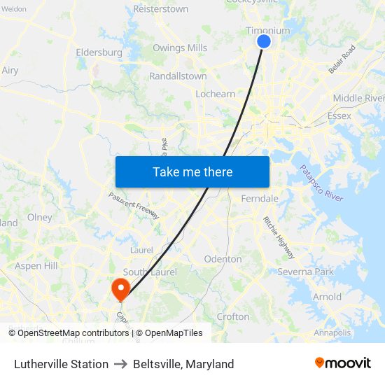 Lutherville Station to Beltsville, Maryland map