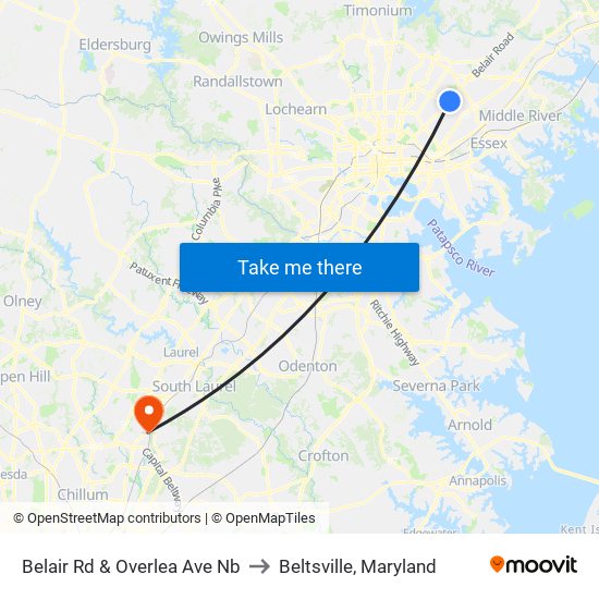 Belair Rd & Overlea Ave Nb to Beltsville, Maryland map