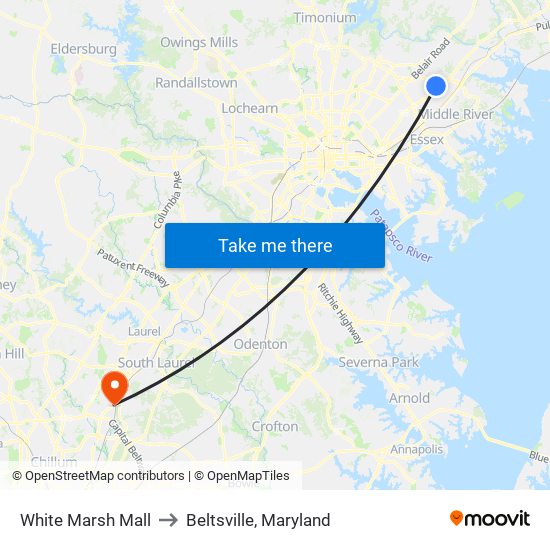 White Marsh Mall to Beltsville, Maryland map