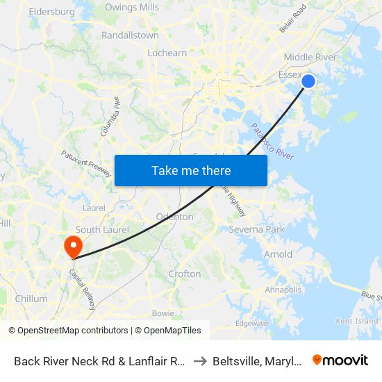 Back River Neck Rd & Lanflair Rd Sb to Beltsville, Maryland map