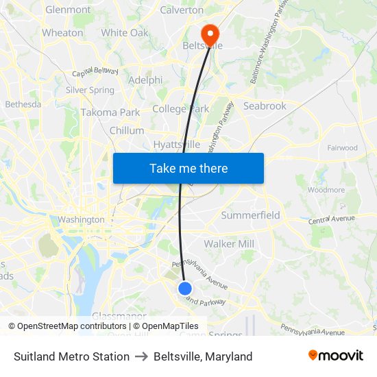 Suitland Metro Station to Beltsville, Maryland map