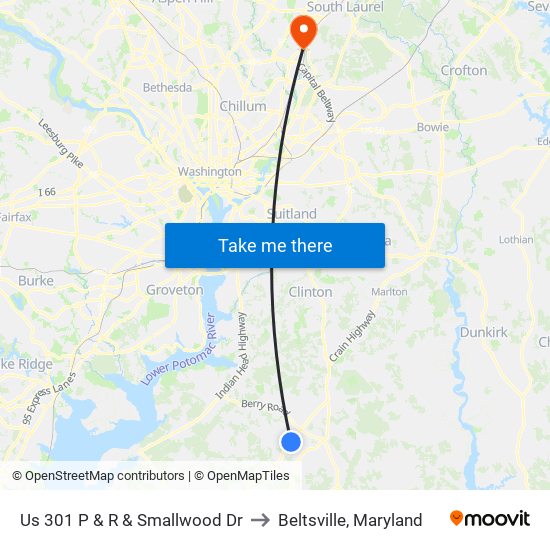 Us 301 P & R & Smallwood Dr to Beltsville, Maryland map