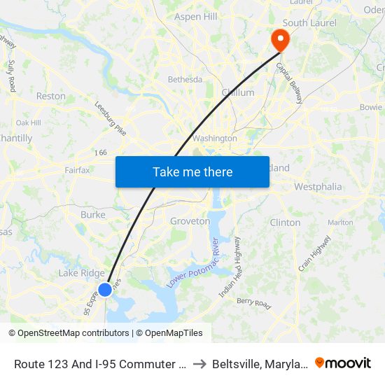 Route 123 And I-95  Commuter Lot to Beltsville, Maryland map