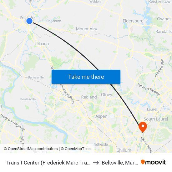 Transit Center (Frederick Marc Train Station) to Beltsville, Maryland map