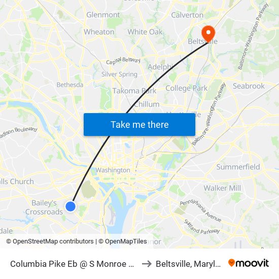 Columbia Pike Eb @ S Monroe St FS to Beltsville, Maryland map