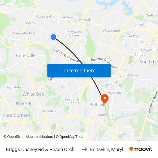 Briggs Chaney Rd & Peach Orchard Rd to Beltsville, Maryland map