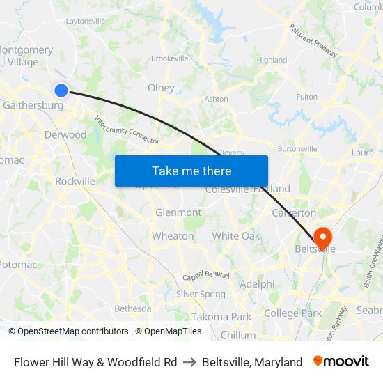 Flower Hill Way & Woodfield Rd to Beltsville, Maryland map