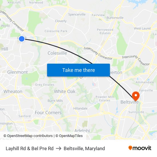 Layhill Rd & Bel Pre Rd to Beltsville, Maryland map