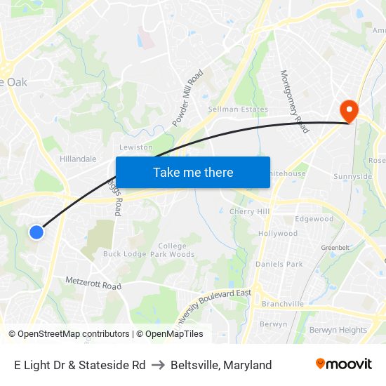 E Light Dr & Stateside Rd to Beltsville, Maryland map