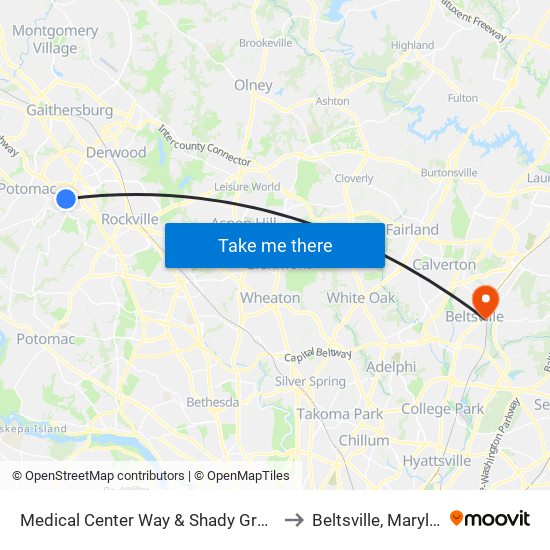 Medical Center Way & Shady Grove Rd to Beltsville, Maryland map