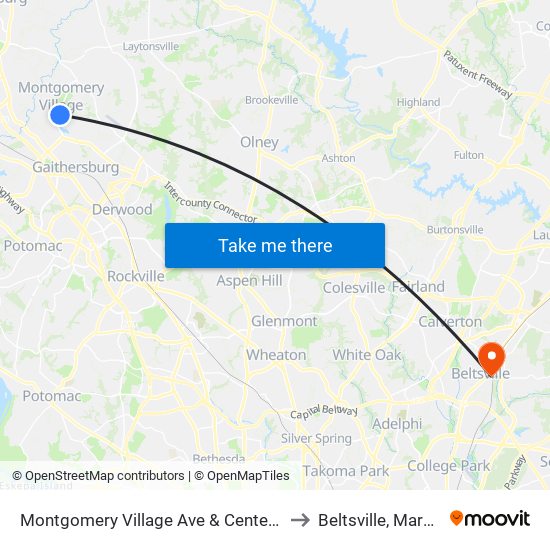 Montgomery Village Ave & Centerway Rd to Beltsville, Maryland map