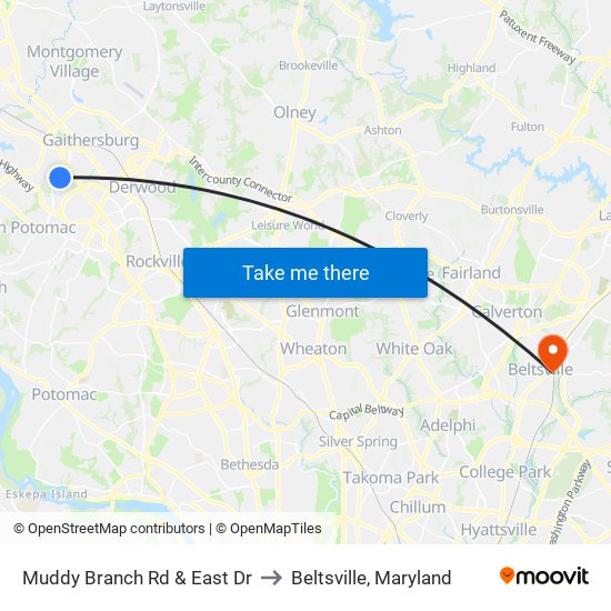 Muddy Branch Rd & East Dr to Beltsville, Maryland map