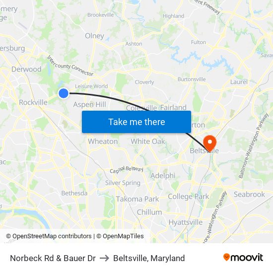 Norbeck Rd & Bauer Dr to Beltsville, Maryland map