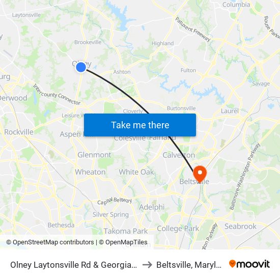 Olney Laytonsville Rd & Georgia Ave to Beltsville, Maryland map