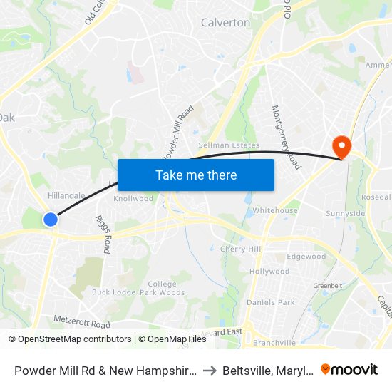 Powder Mill Rd & New Hampshire Ave to Beltsville, Maryland map