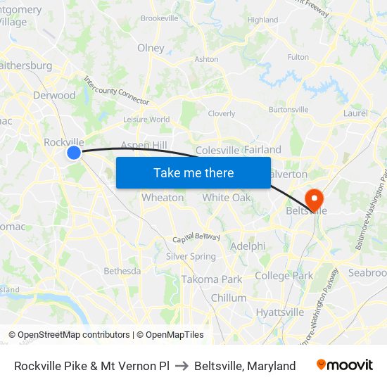 Rockville Pike & Mt Vernon Pl to Beltsville, Maryland map