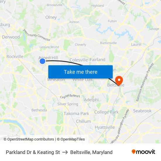 Parkland Dr & Keating St to Beltsville, Maryland map