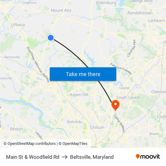 Main St & Woodfield Rd to Beltsville, Maryland map