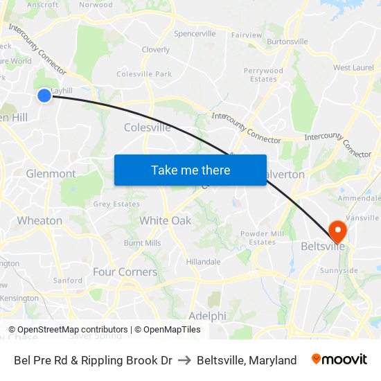 Bel Pre Rd & Rippling Brook Dr to Beltsville, Maryland map