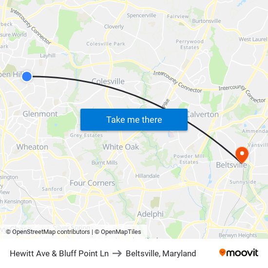 Hewitt Ave & Bluff Point Ln to Beltsville, Maryland map