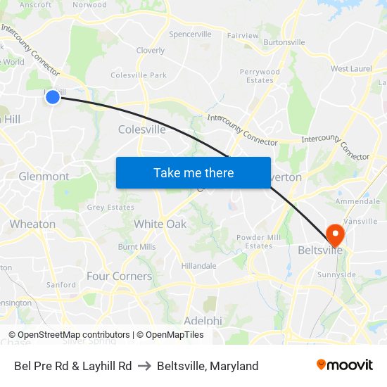 Bel Pre Rd & Layhill Rd to Beltsville, Maryland map