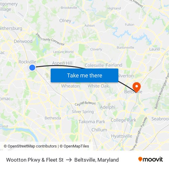 Wootton Pkwy & Fleet St to Beltsville, Maryland map