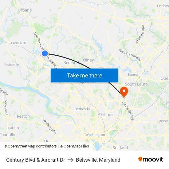 Century Blvd & Aircraft Dr to Beltsville, Maryland map