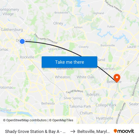 Shady Grove Station & Bay A - West to Beltsville, Maryland map