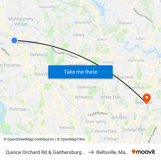 Quince Orchard Rd & Gaithersburg Park & Ride to Beltsville, Maryland map