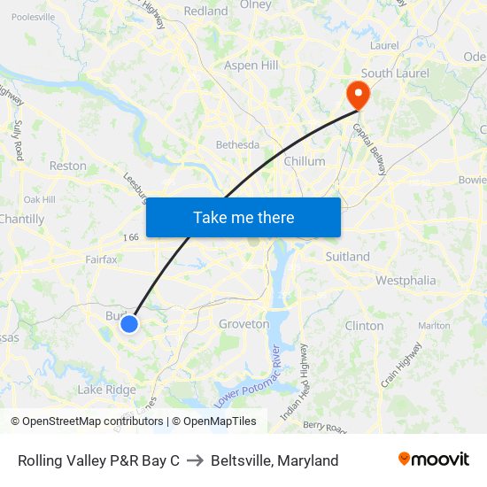 Rolling Valley P&R Bay C to Beltsville, Maryland map