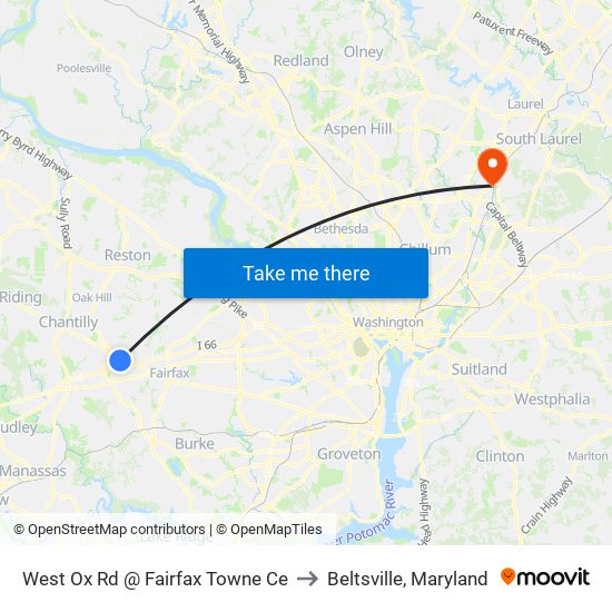 West Ox Rd @ Fairfax Towne Ce to Beltsville, Maryland map