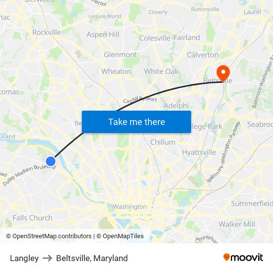 Langley to Beltsville, Maryland map