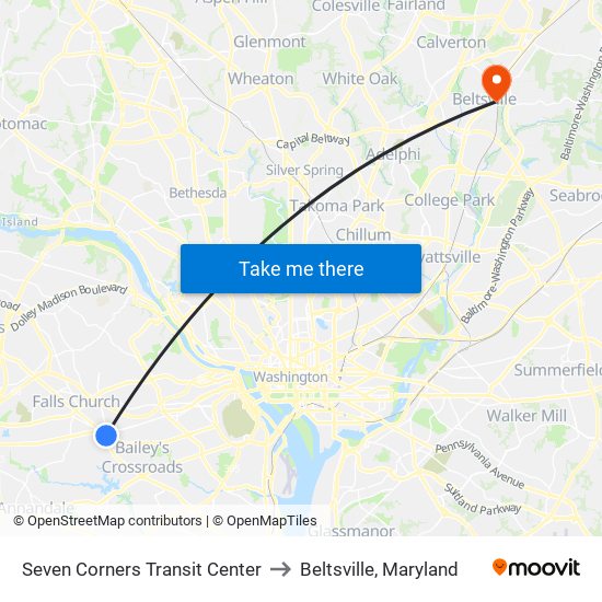 Seven Corners Transit Center to Beltsville, Maryland map